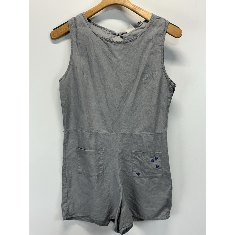 Disney X Junk Food Women's Mickey Mouse Gray Romper Sz small Linen Blend Pockets